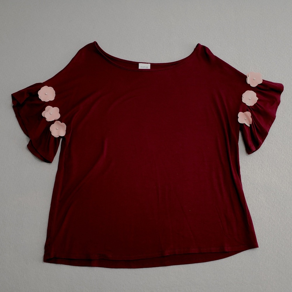 Cupio Women's L Burgundy Red Flutter Sleeve Blouse 3D Pink Floral Pearl Accents‎